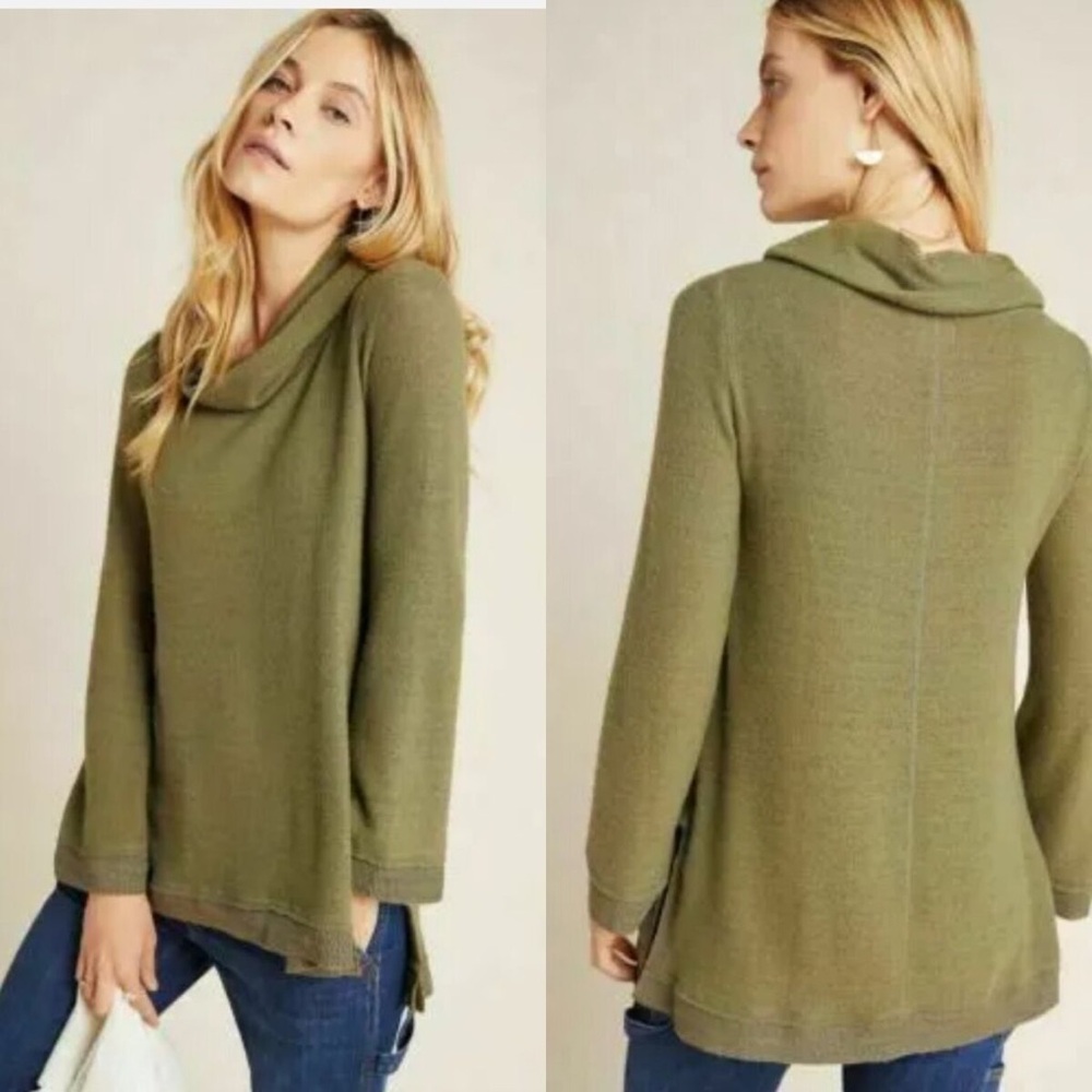 Anthropologie Maeve Risa Hacci Cowl Neck Tunic Sweater Dark Green Soft Sz XS
